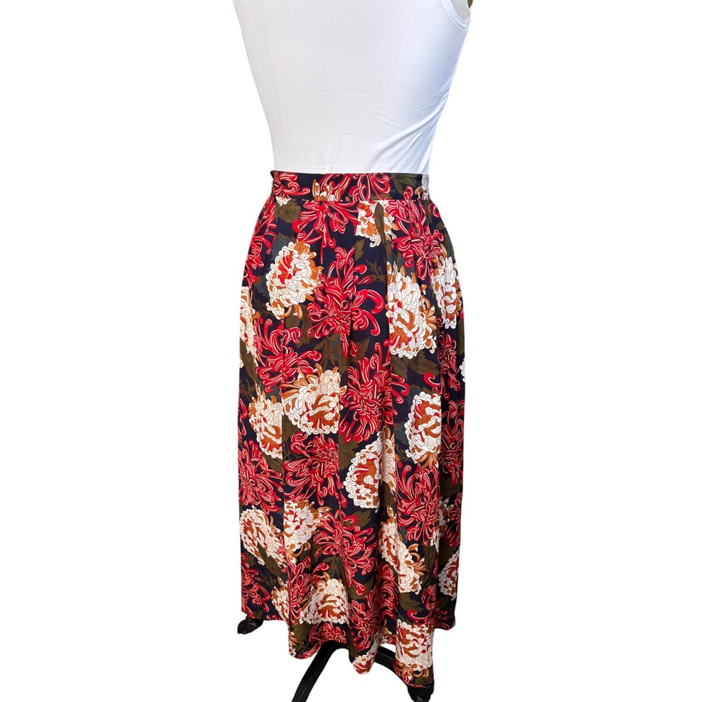 Floral Pleated Perry Ellis Portfolio Maxi Skirt Silk Blend S Red Vintage